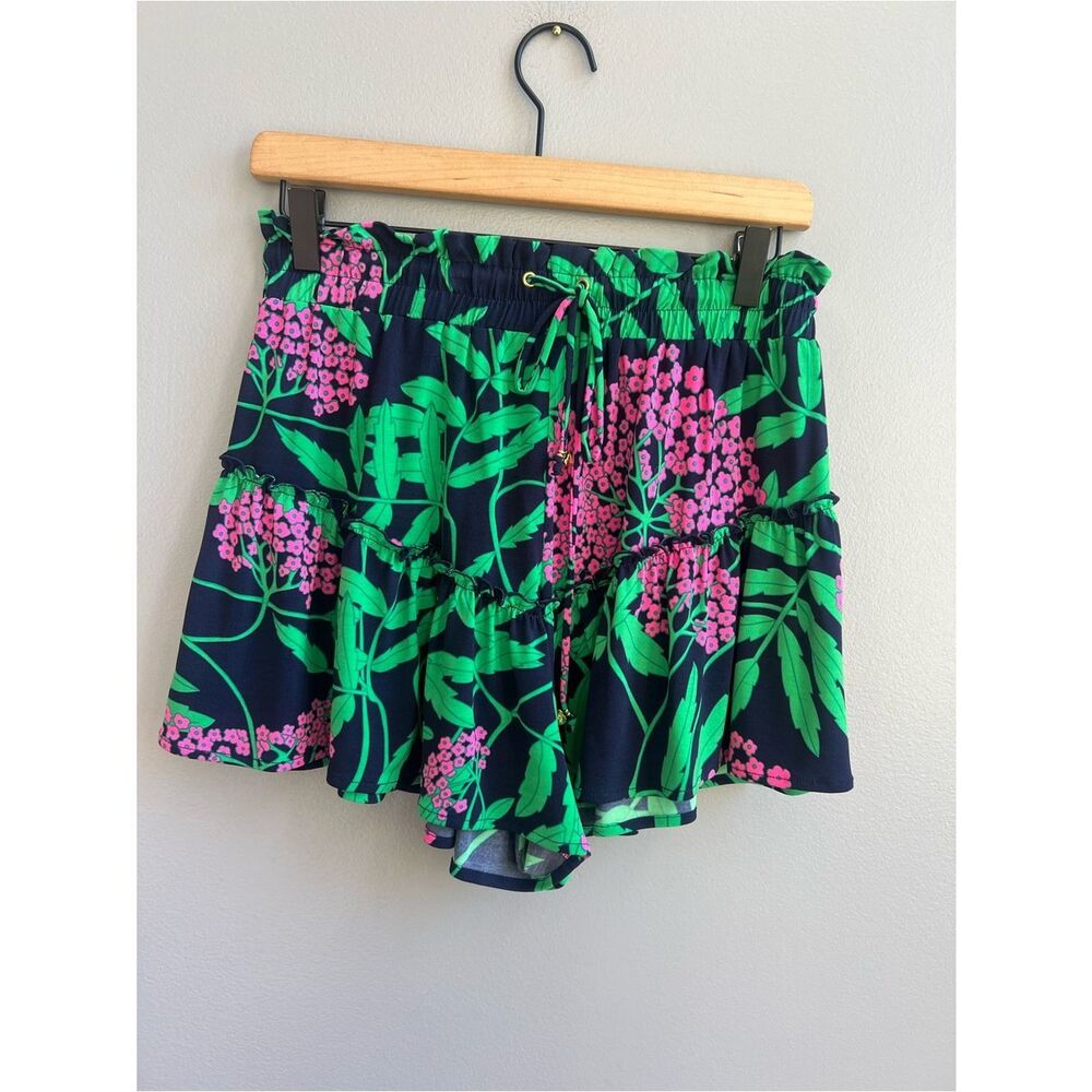 Julie Brown New York Navy Floral Ruffle Shorts with Green Leaves & Pink Blooms M